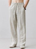 Mens Summer Breathable Linen Blend Wide Leg Drawstring Pants