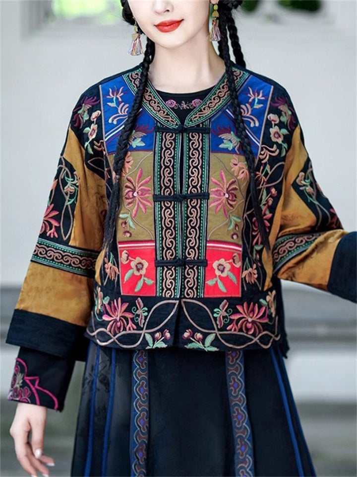 Women's Ethnic Style Patchwork Flowers Embroidered Frog Button Jacket