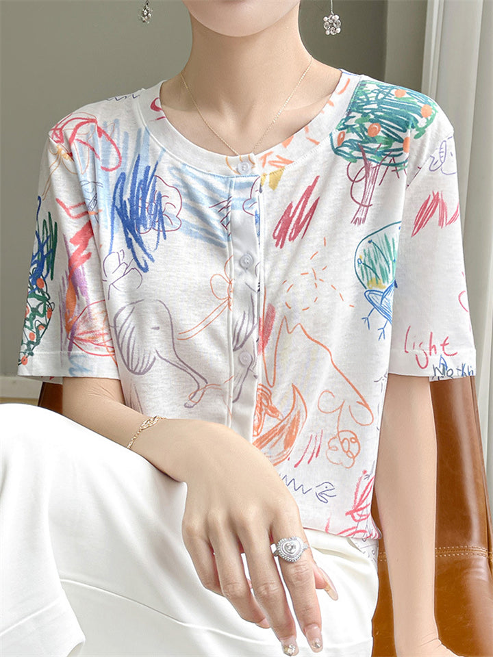 Summer Casual Print Round Neck Button Up T-Shirts for Women