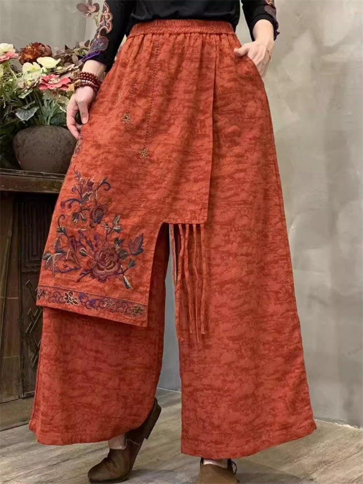 Women's Ethnic Style Floral Embroidered Fringe Patchwork Wide Leg Pants