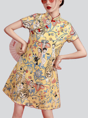 Women's Tiger Flower Print Vintage Qipao