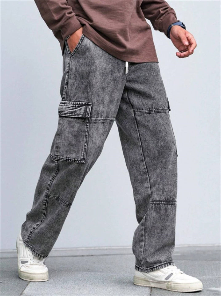 Mens Cargo Jeans Drawstring Waist Wide Leg Loose Fit Pants