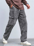 Mens Cargo Jeans Drawstring Waist Wide Leg Loose Fit Pants