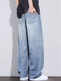 Men Summer Lyocell Wash Wide Leg Baggy Jeans Elastic Waist Denim