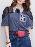 Women's French Style Blue Plaid Mesh Lace Patchwork Short Sleeve Shirts