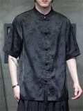 Men's Summer Bamboo Leaves Printed Stand Collar Short Sleeve TangSuit Shirts