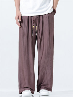 Men's Summer Cool Casual Solid Color Wrinkled Drape Wide Leg Pants