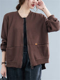 Retro Long Sleeve Zip Pockets Solid Color Jacket for Women