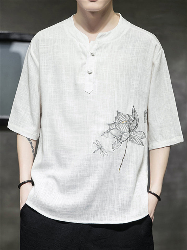 Summer Men's Linen Lotus Embroidery Half Sleeve Shirts