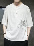 Summer Men's Linen Lotus Embroidery Half Sleeve Shirts