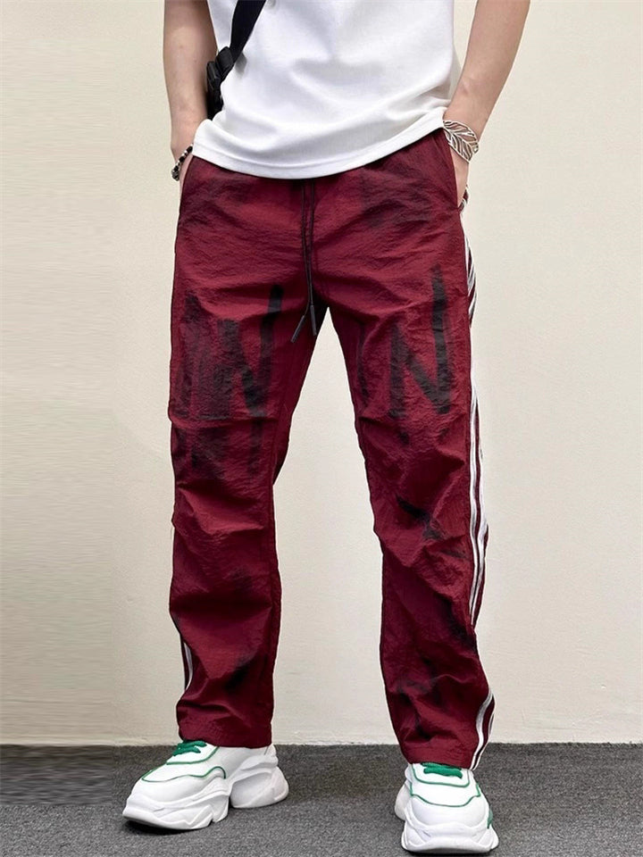 Men's Summer Distressed Letter-Print Side Stripe Track Pants