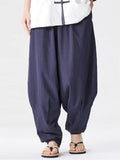Mens Summer Striped Harem Pants Loose Baggy Cotton Linen Trousers