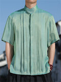 Men's Chinese Style Stand Collar Pleated Short Sleeve Shirts