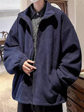 Men's Solid Color Loose Corduroy Textured Stand Collar Jacket