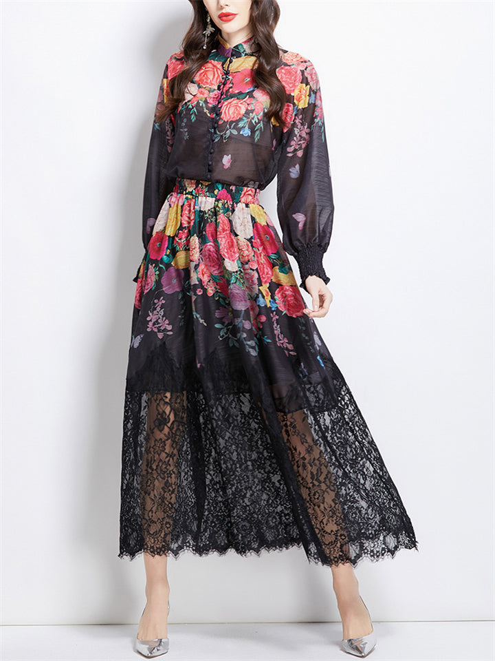 Women Two-piece Lantern Sleeve Shirt and Elastic High Waist Lace Skirt