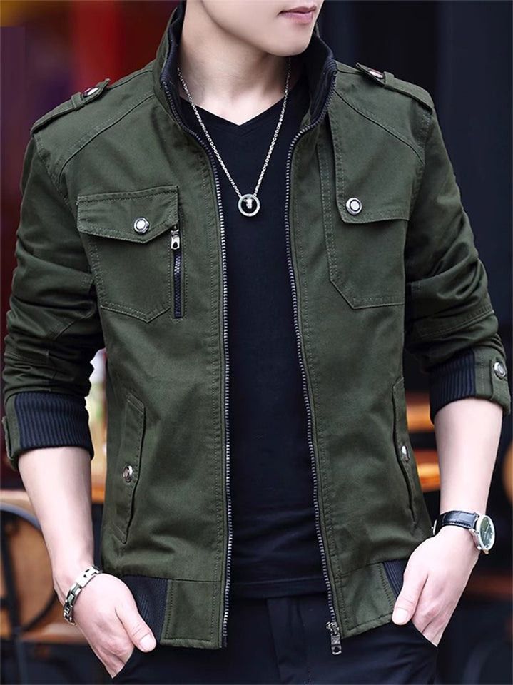 Men's Casual  Autumn Solid Color Cotton Stand Collar Cargo Jackets
