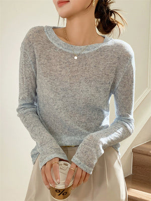 Women's Loose Comfy Hollow Solid Color Round Neck Long Sleeve Shirts