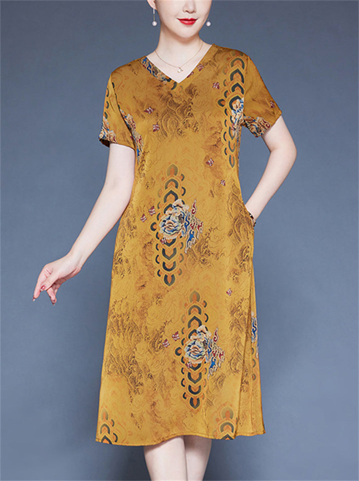 Summer Short Sleeve Casual V-neck Print A-Line Dress for Women