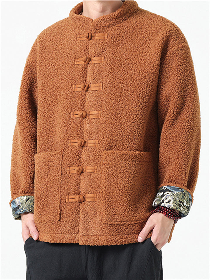 Men's Winter Thermal Lined Chinese Tunic Suit Fleece Coat with Pockets