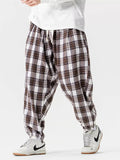 Japanese Style Autumn Plaid Drawstring Loose Jogger Pants for Men