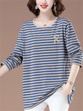 Women's Loose Cotton Stripe O-Neck Long Sleeve Shirts
