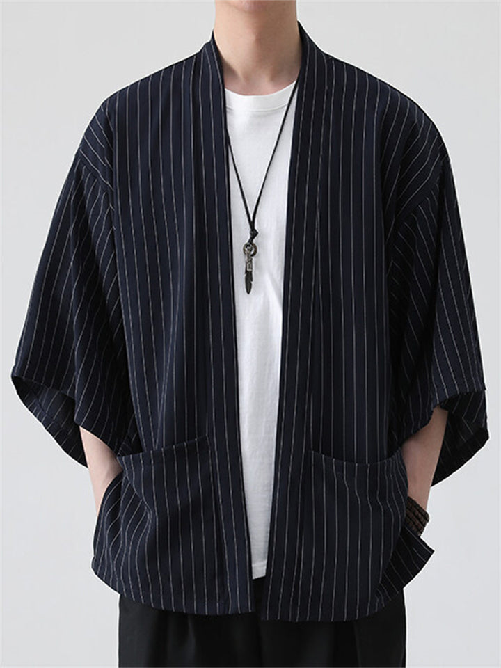 Men's Summer Loose Stripe Short Sleeve Cardigan Shirts