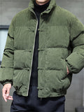 Winter Warm Corduroy Stand Collar Frog Button Puffer Coat for Men