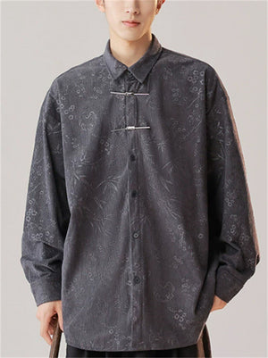 Casual Comfy Plants Print Long Sleeve Stand Collar Shirts For  Men