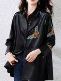 Women's Black Satin Butterfly Embroidered Polo Neck Shirts