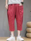 Mens Linen Blend Loose Baggy Cropped Wide Leg Harem Pants with Pockets