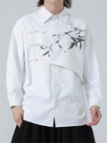 Mens Vintage Chinese Style Ink Bamboo Print Patchwork Button Shirts