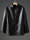 Men's Autumn Chinese Style Faux Leather Pockets Frog Button Coats