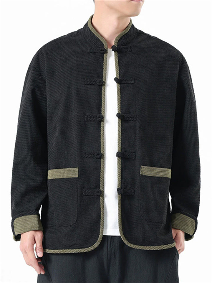 Men's Corduroy Chinese Style Tang Mandarin Collar Jacket with Contrast Trim