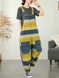 Women's Contrast Color Overall Denim Cropped Jumpsuits