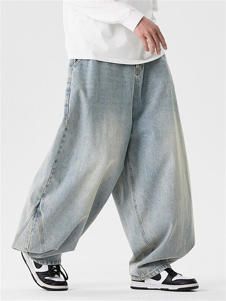 Men's Distressed Straight Wide Leg Denim Jeans