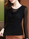 Women's Solid Color Mesh Patchwork O-Neck Long-sleeve Undershirt