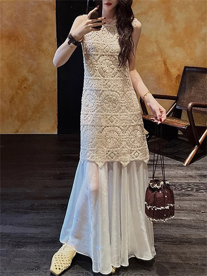 Women's Elegant Solid Color Hollow Patchwork Sleeveless Dress