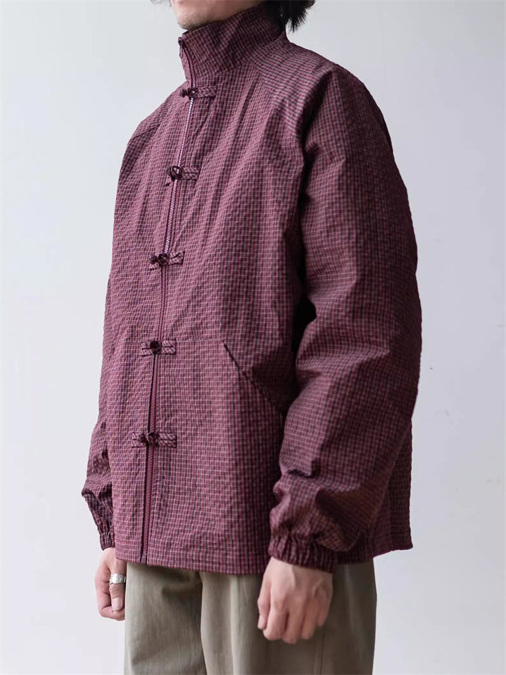 Men's Frog Button Plaid Jacket Long Sleeve Coat