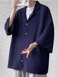 Men's Casual Solid Color Textured 3/4 Sleeve Cardigan Shirt