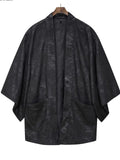 Retro Black Zen Style Print Faux Suede 3/4 Sleeve Cardigan for Men