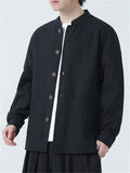 Men's Cotton Linen Mandarin Collar Casual Button Long Sleeve Outwear