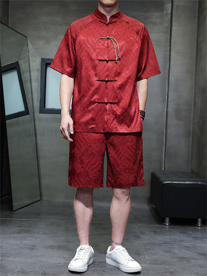 Men's 2Pcs Summer Jacquard Stand Collar Short Sleeve Solid Color Outfits