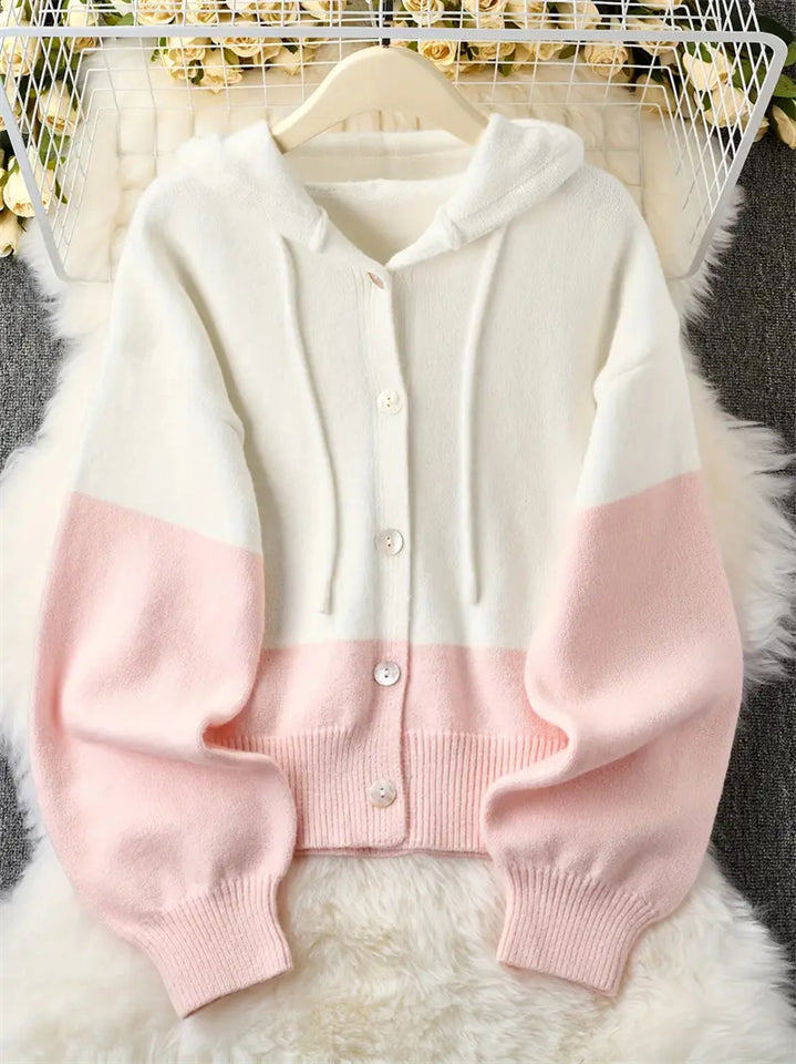 Women's Korean Style Contrast Color Button Up Hooded Cardigan Knitted Top