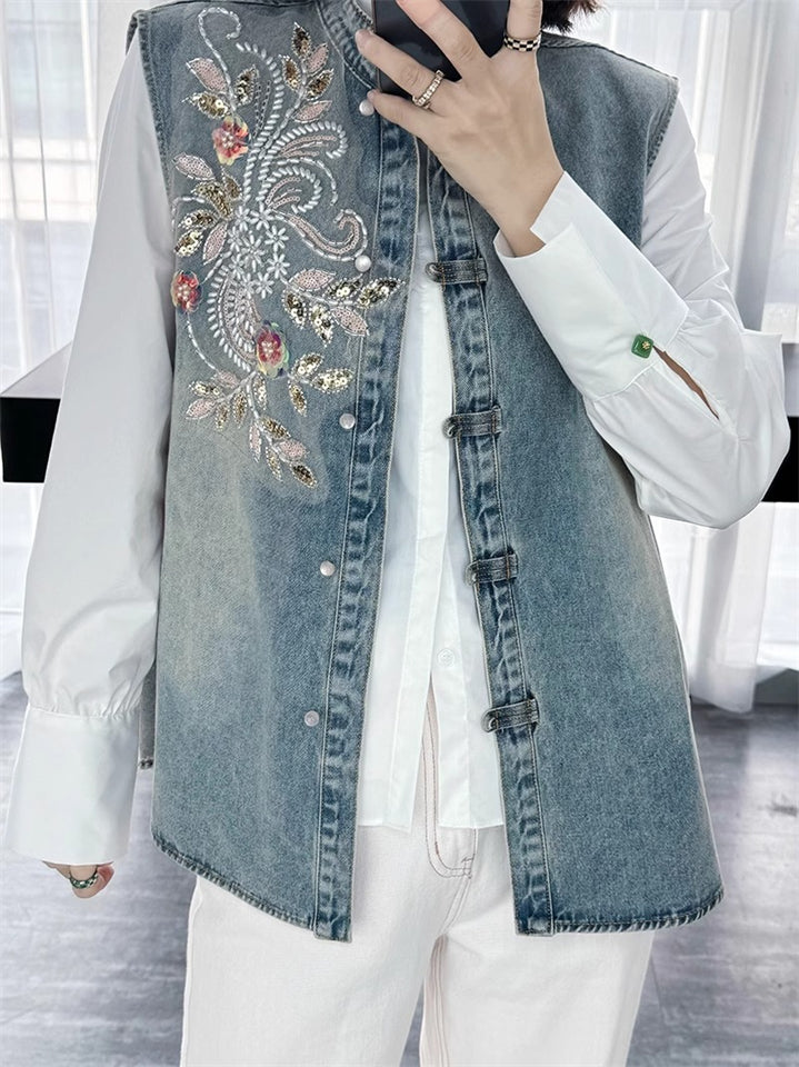 Women's Casual Korean Style  Embroidery Denim Vest Jacket