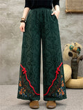 Women's Ethnic Style Floral Embroidered Frog Button Decor Wide Leg Pants