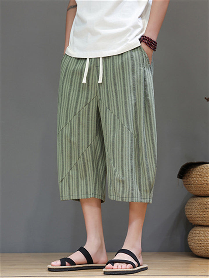 Men's Cotton Linen Stripe Drawstring Capri Pants