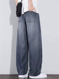Men Summer Lyocell Wash Wide Leg Baggy Jeans Elastic Waist Denim