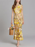 Elegant 3D Floral Embroidery Women's Sabrina Neckline Maxi Dress