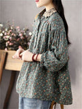 Women's Loose Floral Print Long Sleeve Lace Patchwork Collar Shirts