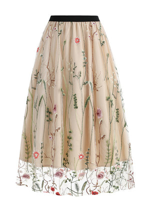 Retro Embroidery Mesh Elastic Waist Skirts for Women